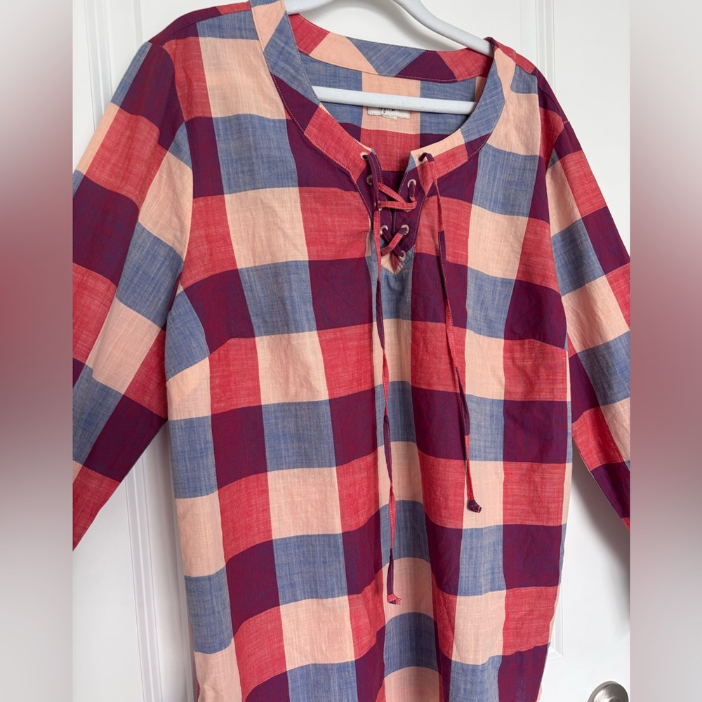 Plaid Lace Up 100% Cotton Boho Cottagecore Fall Flannel Long Sleeve Medium XL - Picture 4 of 8